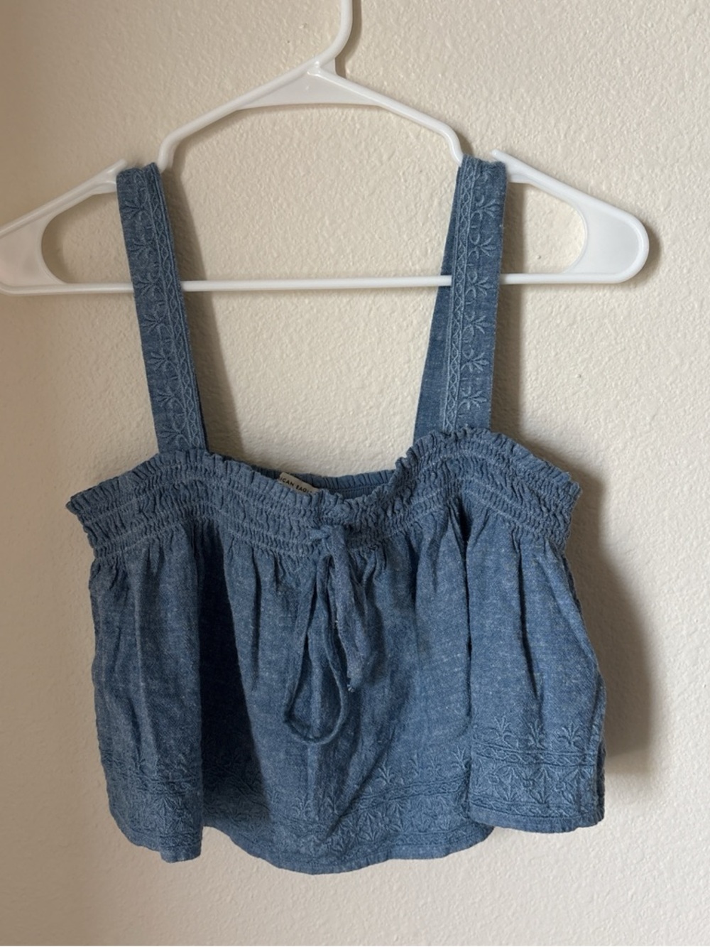 American Eagle Blue Embroidered Faux Denim Tank Top